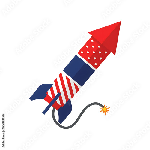 Festive Fourth of July Firework Rocket with American Flag Design and Burning Fuse for Celebrations