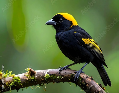 Yellow headed blackbird perched on branch.