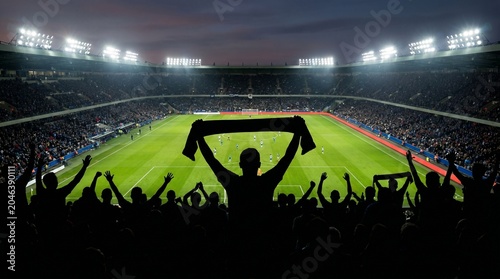 Silhouette of sports fans cheering football landscape background