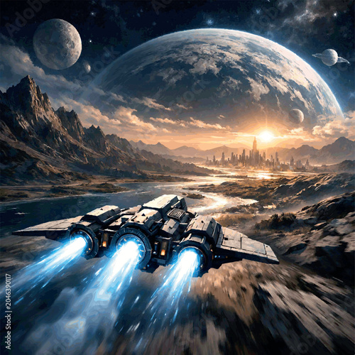 Space flight vector illustration. Powerful spaceship.

