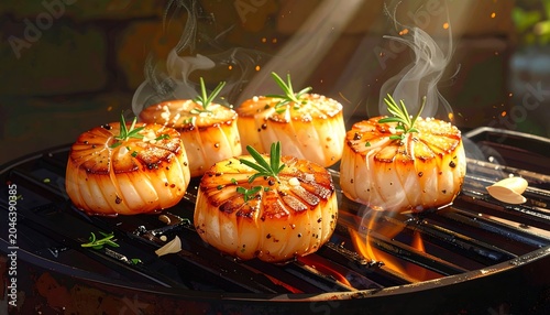 Close-up of perfectly seared, golden-brown scallops topped with sprigs of rosemary on a charcoal grill with visible smoke