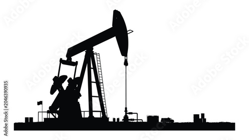 Photos Oil pump jack silhouette stands against a white background representing energy extraction infrastructure
