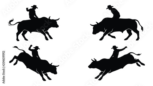 Tableau sur toile Bull riders performing dangerous rodeo maneuvers are captured in a series of dramatic black silhouettes
