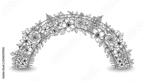 A floral arch spanning with roses, flowers, and leaves isolated on a transparent background