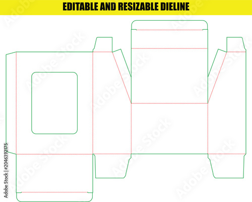Industrial box dieline blueprint featuring a large viewing window for retail packaging and design projects