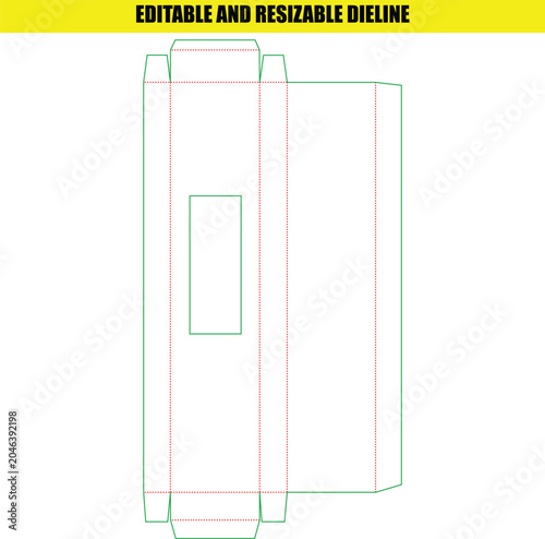 Professional box dieline template for retail product packaging with a clear window for shelf display