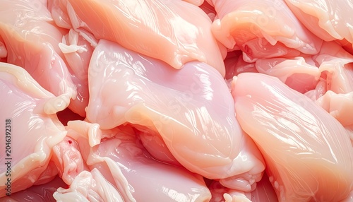 Close-up of raw poultry pieces, pale pink with glossy surfaces. Uneven arrangement in a pile, well-lit with highlights