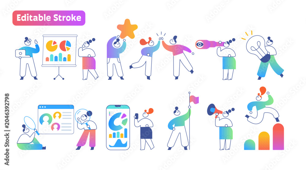 Fototapeta premium Modern business people character set with SaaS, AI, analytics, teamwork, productivity, customer support and communication concepts in colorful flat outline vector style with editable line strokes 