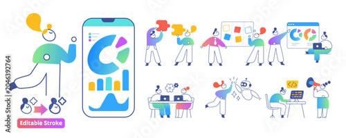 Modern business people character set with SaaS, AI, analytics, teamwork, productivity, customer support and communication concepts in colorful flat outline vector style with editable line strokes
