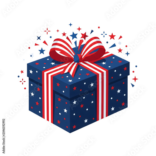 Festive patriotic gift box adorned with stars and stripes, topped with a red, white, and blue ribbon, ready for celebration