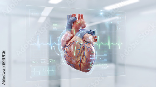 Innovative 3D Digital Model of Human Heart Displayed with Real-time Electrocardiogram Data, Symbolizing Advanced Medical Diagnostics and Future Healthcare Technology in a Modern Clinical Setting