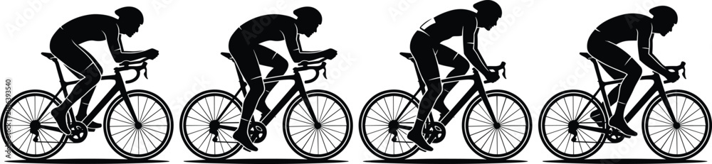 Fototapeta premium Cyclist silhouettes in racing positions highlighting speed, performance, and aerodynamics for sports design, creative artwork, and fitness inspiration concepts