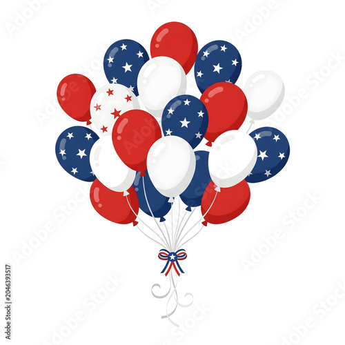 Vibrant cluster of red, white, and blue balloons adorned with stars, perfect for patriotic celebrations, national holidays, and festive American events