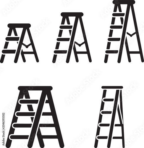 Ladder icon set, stepladder vector, construction equipment symbol, career growth metaphor, step up icon, minimalist ladder silhouette, industrial tool graphic, home improvement icon, professional step