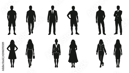 Принти на полотні People stand in various professional and casual attire as a collection of black silhouettes