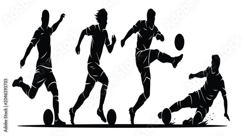 Schilderij op canvas Soccer players are shown in active motion across a series of black silhouette graphics