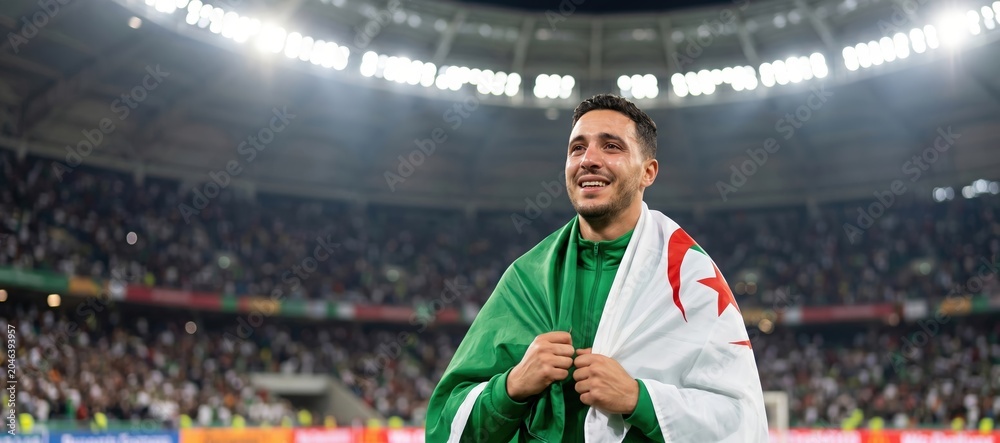 Fototapeta premium Algerian football supporter celebrating in stadium with national flag