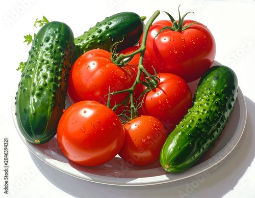Close-up of ripe, red fruit and dark-green vegetables, with water droplets on a white plate, set against a white background