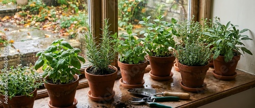 Collection of fresh potted herbs and houseplants growing on a sunny windowsill. Home gardening, indoor plants, sustainable living and healthy lifestyle concept.