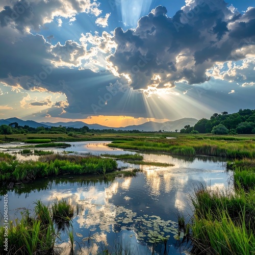 Golden hour reflection over serene river landscape.