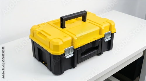 Portable tool storage box placed on a workbench in a clean workspace. Construction, maintenance, repair and professional tools concept.