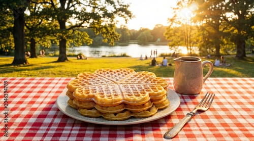 Fresh waffles served with coffee on a picnic table overlooking a peaceful lakeside landscape at sunrise. Breakfast, outdoor dining, weekend relaxation and lifestyle concept.