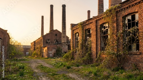 Historic abandoned industrial complex with weathered brick buildings and overgrown vegetation. Urban decay, post industrial landscape and abandoned architecture concept.