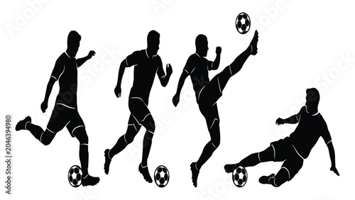 Tableau sur toile Soccer players are shown in black silhouettes performing different game techniques with a ball