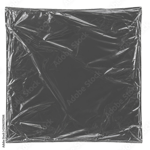 Realistic square plastic wrap texture with wrinkles and reflections isolated on transparent background. Useful for packaging mockups, poster design and overlay effects.