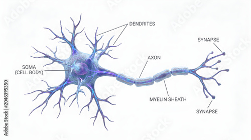 Illustration of a neuron, the fundamental unit of the nervous system, depicting its key components like the soma, axon, and dendrites, with synapses connecting to other neurons