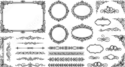 Vintage ornament frame. Decorative border frames, retro style divider. Elegant vintage frame and wedding ornaments Isolated icons vector set. Calligraphic filigree black ink borders collection