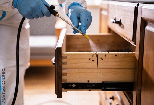 A pest control specialist in protective gear sprays chemicals into a wooden drawer full of ants.