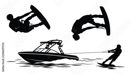 Tableau sur toile Wakeboarders perform acrobatic jumps behind a motorboat in this dynamic action sports illustration