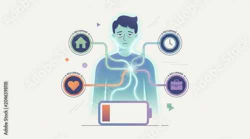 Modern illustration of a person feeling drained with icons representing work, home, and time