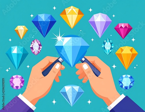 A graphic illustration of hands holding jeweler's loupe glasses examining various colorful diamonds