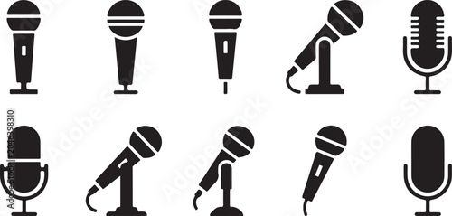 Schilderij op canvas Microphone icons, microphone set, black microphones, audio equipment, vector