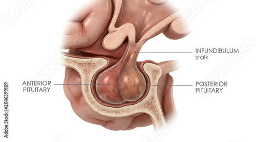 Detailed 3D anatomical illustration of the human pituitary gland, showing its anterior and posterior lobes and the infundibulum stalk, crucial for endocrine system regulation