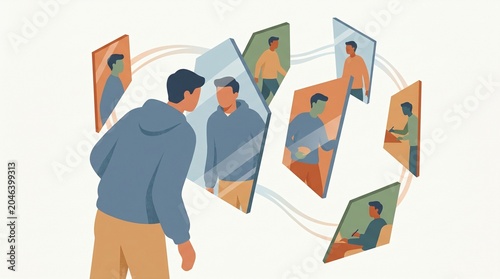 Man looking at multiple reflections of himself in fragmented mirrors, illustrating identity and self-perception