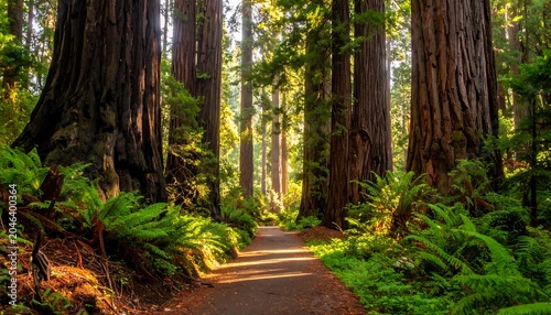 Sunlit forest path through dense green trees.