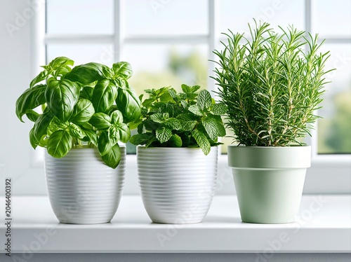 Herbs in pots sit on a windowsill with light coming through on a sunny day in a kitchen setting