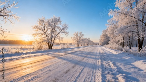 Snowy road with frosty trees at sunrise