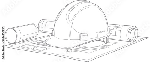 Construction helmet, blueprints, and pencil on a table