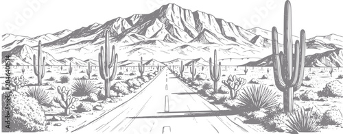 Schilderij op canvas Desert highway with saguaro cacti and mountains in the distance