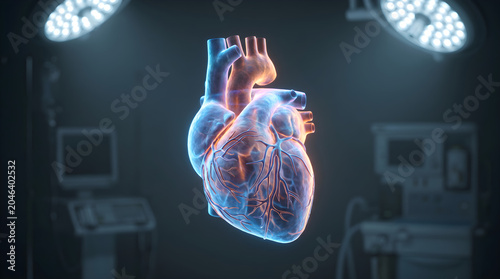 3D rendering of a human heart illuminated with a transparent overlay, showcasing its intricate details within a medical setting with surgical lights in the background