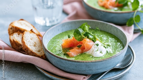 Sorrel soup with smoked salmon and sour cream.