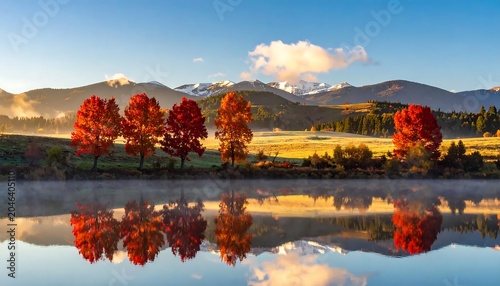 Autumn foliage reflected in calm lake with mountains.