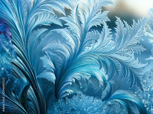 Intricate blue patterns form from frost on a glass surface during winter mornings in a cold environment