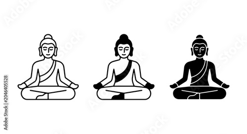 Foto Meditating Buddha Icons Set, Zen Buddhism Figures, Spiritual Enlightenment Vecto