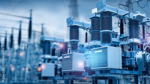 High voltage electrical substation with modern equipment for power distribution