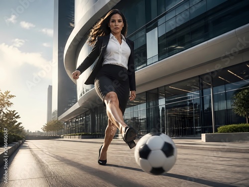 Successful Female Executive Controlling Soccer Ball in Urban Business District